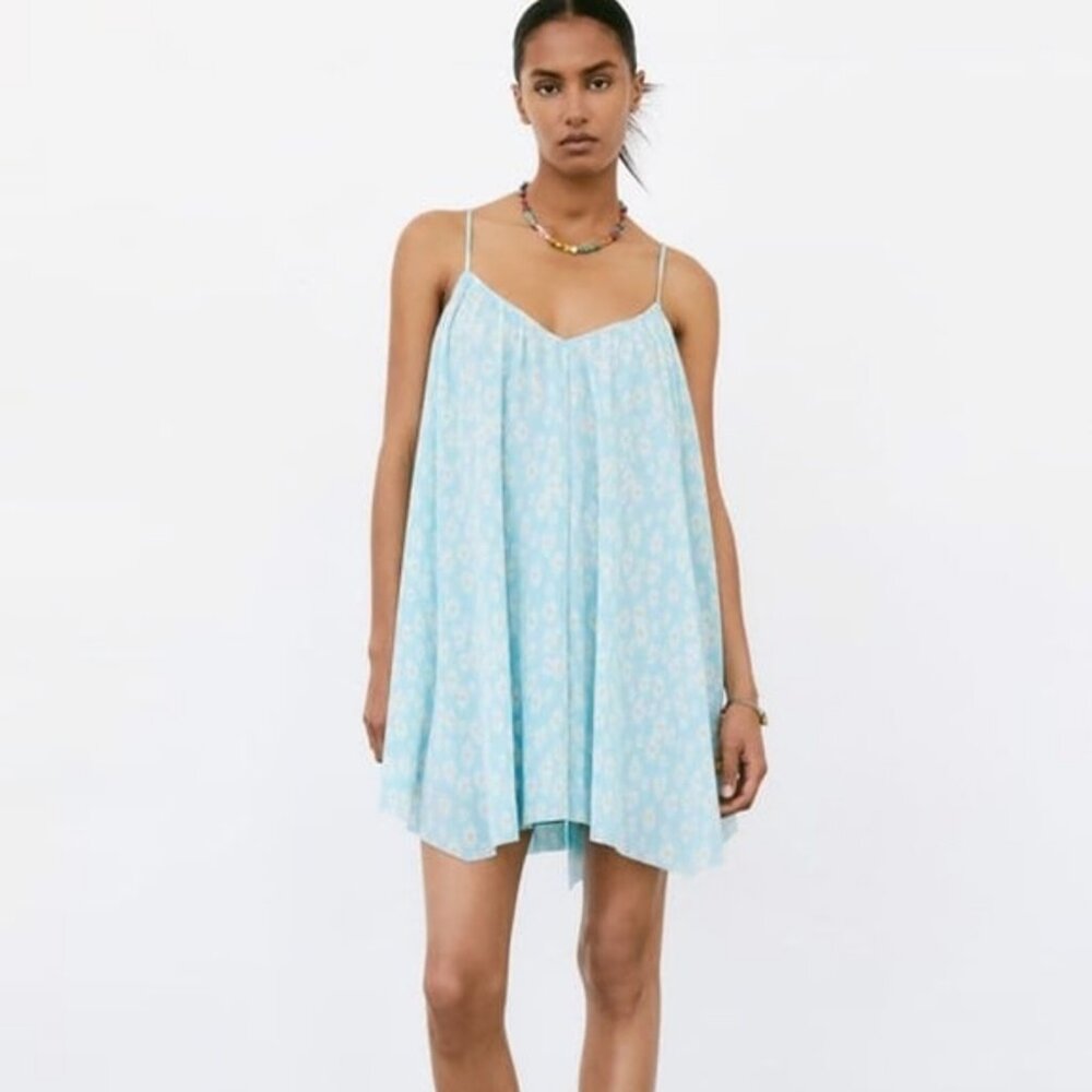 NEW ZARA Pleated Baby Floral Blue Camisole Style Mini Dress, Size M